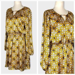Doe & Rae Medallion Bohemian Print Keyhole Dress Yellow Size Large